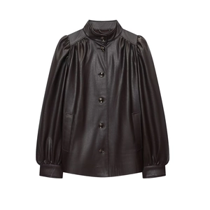 Women Faux Leather Jacket Stand Collar Lantern Sleeve Vintage Button Down Solid Color Casual Chic Fall Outerwear