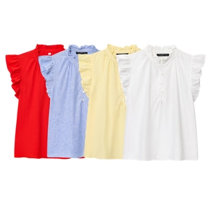 Chemisier À Volants Pour Femmes Polyester Texture Lin Col Montant Boutonné Manches Courtes Rayé Uni Mode