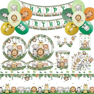 Jungle Animal Party Decorations Cartoon Zoo Theme Birthday Tableware Banner Balloon For Kids Celebration