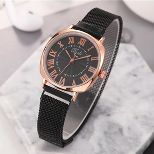 Women's rose gold tonneau watch with black sunray dial and magnetic Milanese strap