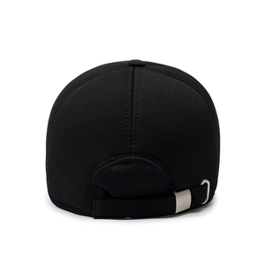 Rear view of black wool baseball cap with adjustable metal buckle and ear protection