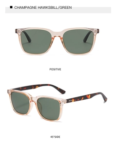 Front and 45-degree views of champagne square sunglasses with green lenses and hawkbill arms