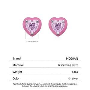 S925 sterling silver heart earrings with pink border and purple stone, 5mm width