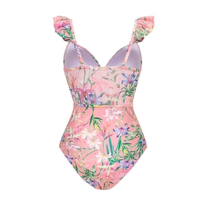 Pink floral one-piece swimsuit featuring ruffle straps and a tropical lily print