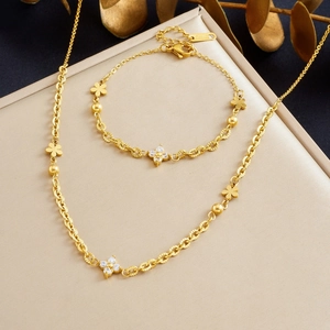 Necklace Bracelet Jewelry Set Stainless Steel Gold Plated Four Leaf Clover Zircon Flower Minimalist Elegant Women
