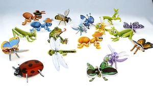 Close-up of 3D insect and frog puzzle set with colorful interlocking paper pieces