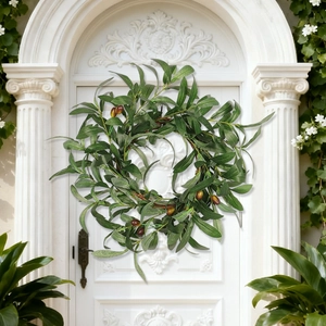 Artificial Olive Leaf Wreath With Berries Plastic Satin Rattan Greenery Front Door Wall Decor Realistic Farmhouse Rustic
