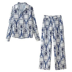 Women Casual Long Sleeve Shirt And Wide Leg Pants Lobster Crab Print Polyester Resort Vacation Wear Blue White