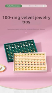 Macro detail of high-capacity velvet jewelry tray with 100 ring slots for display