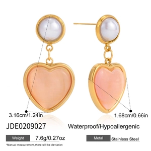 Detailed size view of golden stainless steel pearl and pink heart dangle earrings