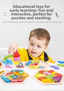 Macro detail of hexagonal wooden puzzle blocks with vibrant animal and vehicle shapes for kids