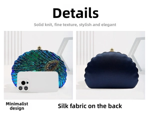 Detailed comparison of peacock beaded evening bag front and blue silk back with phone