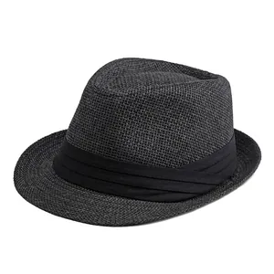 Classic black straw fedora hat with breathable weave and matching fabric band for summer