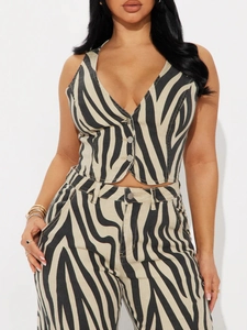 Women's zebra print two-piece set featuring a sleeveless vest and high-waisted trousers
