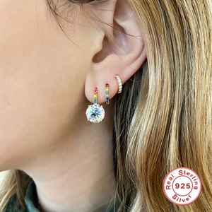 Classic S925 sterling silver hoop earrings with sparkling rainbow moissanite pendant
