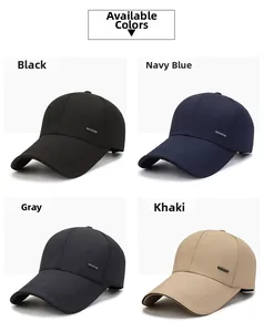 Detailed view of four baseball cap colors including black, navy, grey, and khaki options