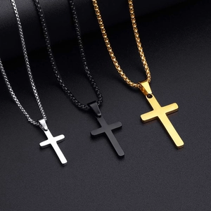 Three-color stainless steel cross necklaces in silver, black and gold with box chains