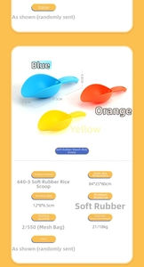 Detailed view of colorful soft rubber sand shovels with exact size dimensions shown
