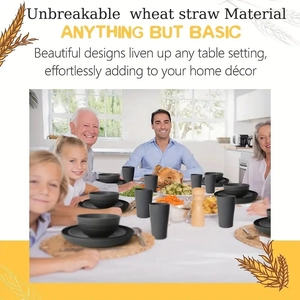 Family using unbreakable grey wheat straw dinnerware set in a modern bright dining room