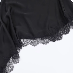 Women's elegant black satin top with delicate floral lace trim and asymmetrical hem