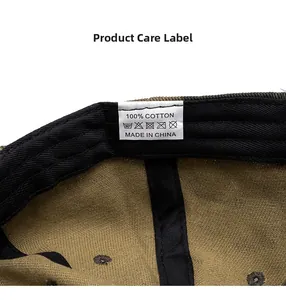 Detail view of cotton baseball cap interior with 100% cotton wash label and neat stitching