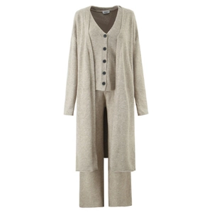 Three-piece oatmeal knit set featuring long cardigan, V-neck vest, and wide-leg pants