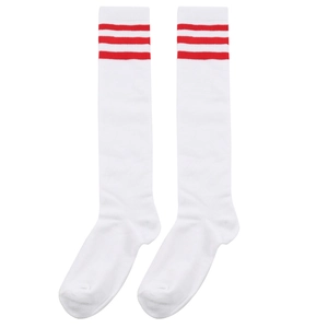 Close-up view of classic white knee-high socks featuring three red stripes in JK style