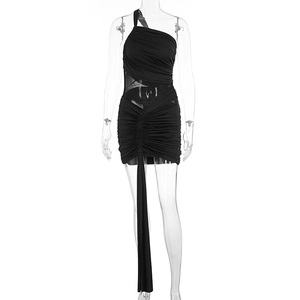 Detail of black one shoulder ruched mini dress with long side ribbon and elastic fabric
