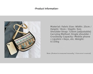 Detailed view of ethnic crossbody bag with colorful tassels and embroidered ribbon trims