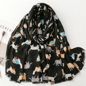 Women's Cartoon Cat Print Polyester Scarf Fashion Warm Shawl With Tassel Fringe For Daily Travel Autumn Winter Scarf