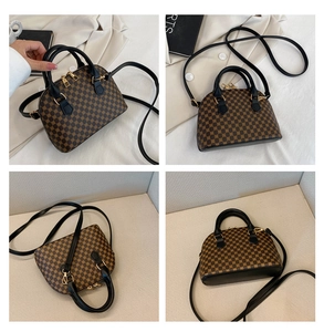 Detail view showing brown checked shell bag with black leather trim from multiple angles