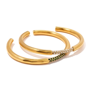 Elegant 18K gold plated stainless steel open bangles with green and white stone inlay