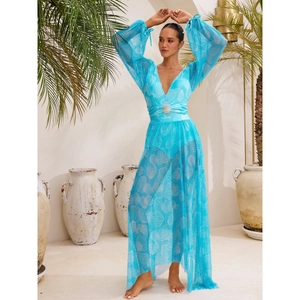 Women One Piece Swimsuit With Mesh Long Sleeves V Neck Seashell Print Beach Cover Up Swimwear Luxury Vacation Style