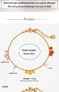 Detailed size chart of gold anklet with colorful zircon charms and PVD plating info