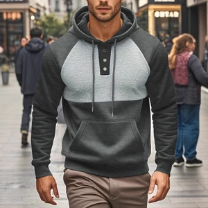 Men's two-tone contrast hoodie in grey with long sleeves, three buttons and drawstring hood