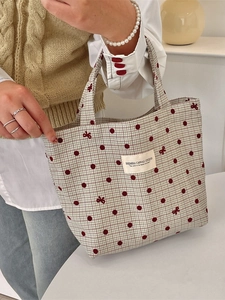 Sac fourre-tout en toile vintage à carreaux verts avec pois rouges et broderies