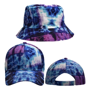 Detail of blue and purple tie-dye canvas bucket hat and baseball cap set with adjustment buckle