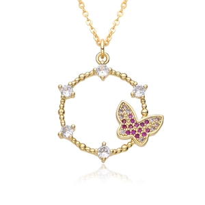 Golden necklace featuring a round circle pendant with white zircons and pink butterfly