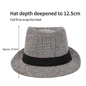 Classic checkered fedora hat for men with 12.5cm deep crown and black decorative band
