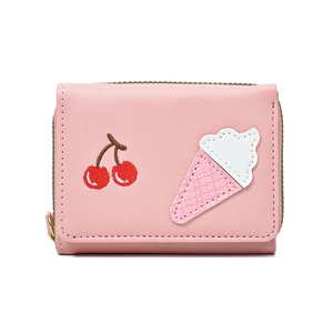 Pink short PU leather wallet for women with cherry and ice cream embroidery patches