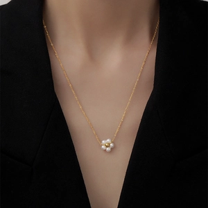 Elegant 18k gold plated pearl flower pendant necklace on a delicate choker chain