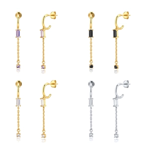 Copper Tassel Chain Drop Earrings With Zircon Rectangular Stone And 925 Sterling Silver Earring Post For Women