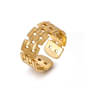 Vintage golden hollow woven rectangular open ring with adjustable geometric design