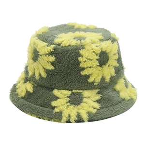 Winter plush bucket hat with sunflower pattern in army green and yellow faux fur