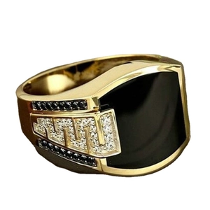 Men's hip-hop gold ring featuring a rectangular black gem and micro-paved zircons