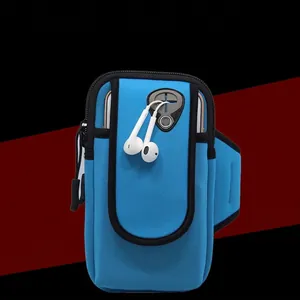 Fascia da braccio sportiva azzurra con doppia cerniera e foro per auricolari per cellulare