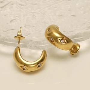 Vintage stainless steel gold-plated C-shape hoop earrings with star-set zircon accents