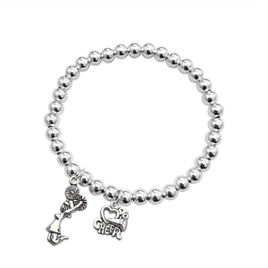 Silver alloy cheerleader charm bracelet with heart-shaped Cheer pendant on white background
