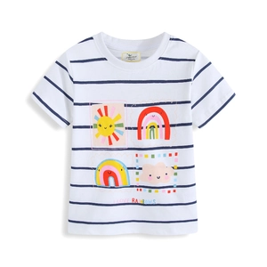 Girls striped short sleeve cotton T-shirt featuring rainbow and cloud cartoon print