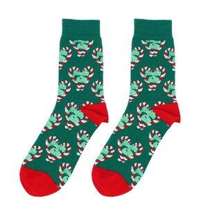 Detail of forest green Christmas socks featuring red candy cane hearts and Jingle Bells text